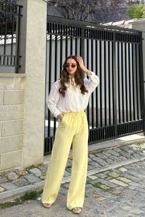 WIDE LEG ELASTIC WAIST LACING DETAIL WOMAN TROUSERS YELLOW/E VERDHE - 2