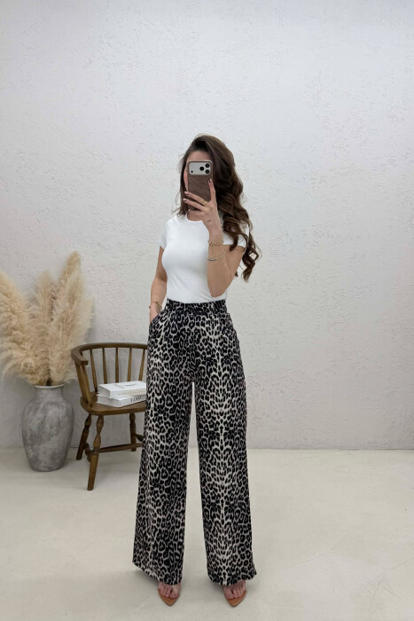 PANTALLONA TE GJERA ME DIZAJN LEOPRAD PER FEMRA NE NGJYRE BEZHE - KLAUDIO FASHION