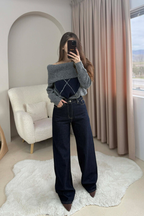 WIDE LEG ONE COLOR WOMEN JEANS DARK BLUE/BEE - 2