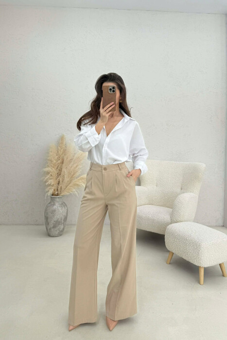 WIDE LEG ONE COLOR WOMEN TROUSERS BEIGE/BEZHE - 1