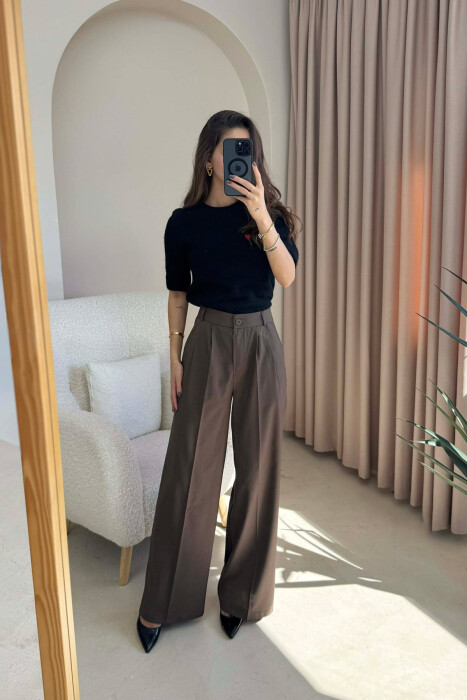 WIDE LEG ONE COLOR WOMEN TROUSERS DARK BROWN/KAE - 2