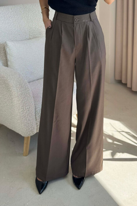 WIDE LEG ONE COLOR WOMEN TROUSERS DARK BROWN/KAE - 1