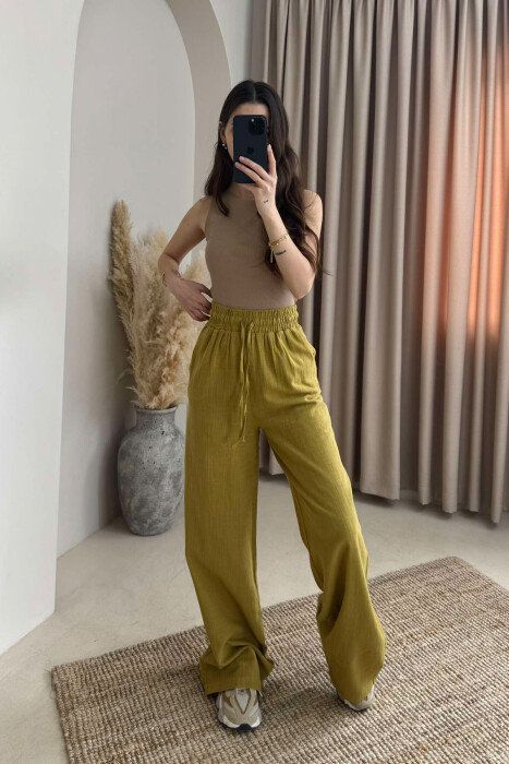 PANTALLONA TË GJERA ME BEL ELASTIK PËR FEMRA NË NGJYRËN ULLI - KLAUDIO FASHION