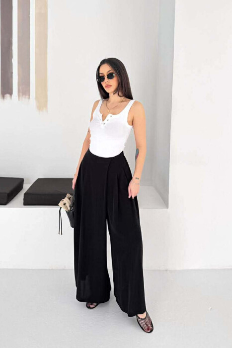 WIDE LEG SEMI ELASTIC WAIST WOMAN TROUSERS BLACK/ E ZEZE - KLAUDIO FASHION