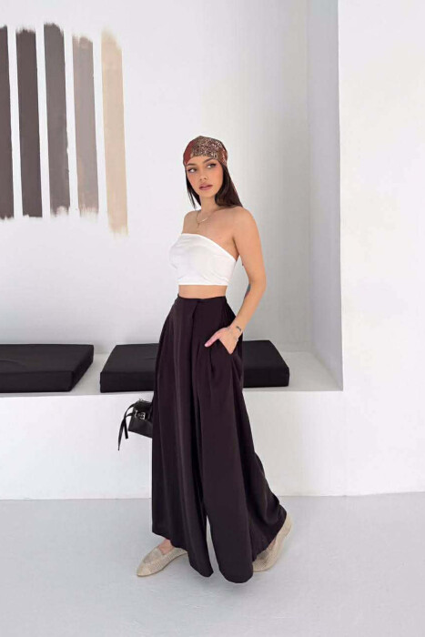 WIDE LEG SEMI ELASTIC WAIST WOMAN TROUSERS BROWN/KAFE - KLAUDIO FASHION
