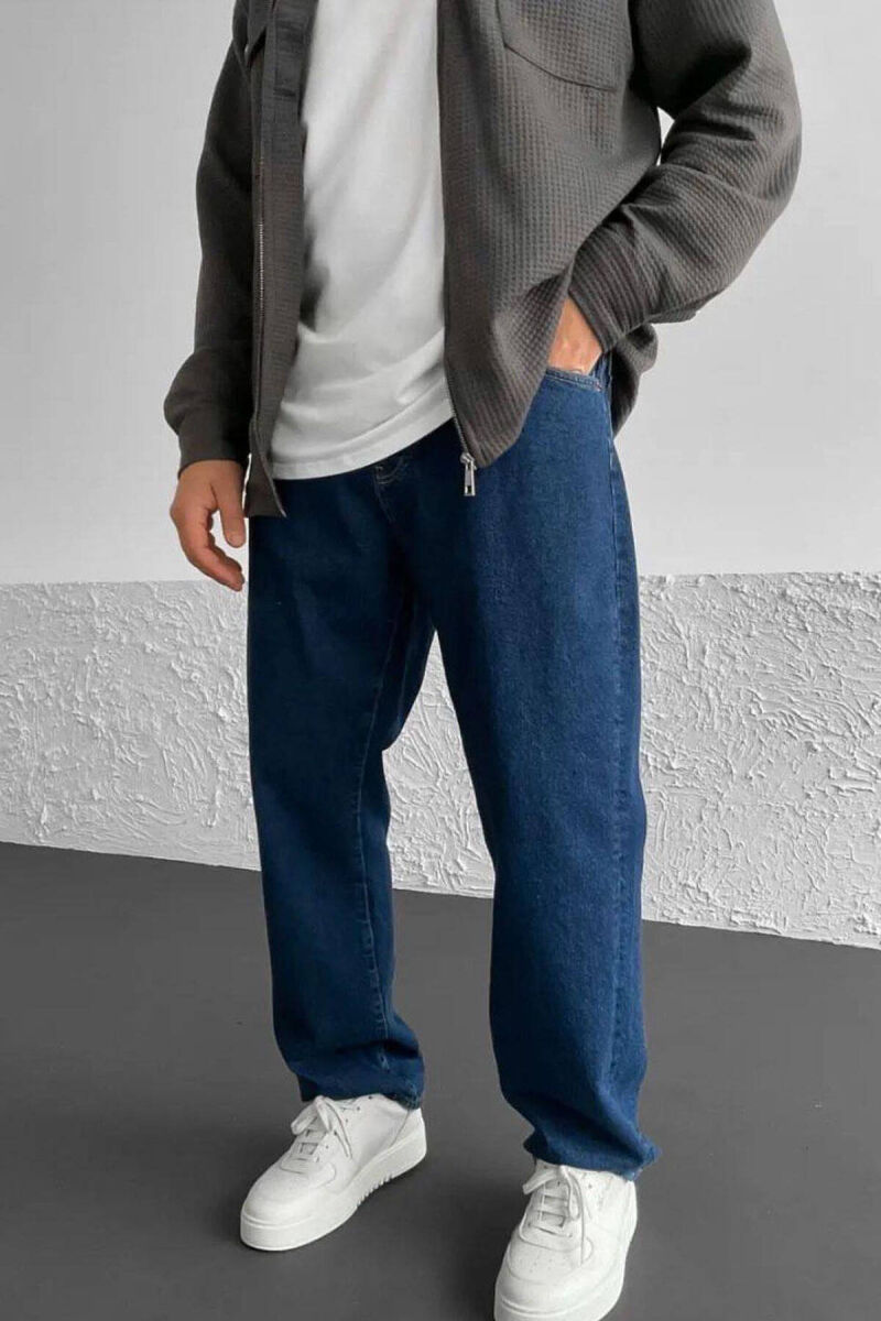 WIDE LEG SIMPLE MEN JEANS DARK BLUE/BEE - 1