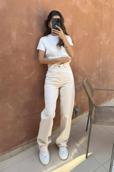 WIDE LEG SIMPLE WOMEN JEANS CREAM/KREM - 3