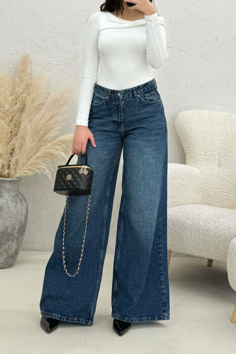 WIDE LEG SIMPLE WOMEN JEANS DARK BLUE/BEE - 1