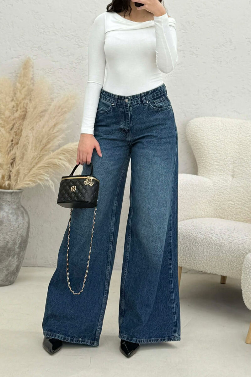 WIDE LEG SIMPLE WOMEN JEANS DARK BLUE/BEE - 1