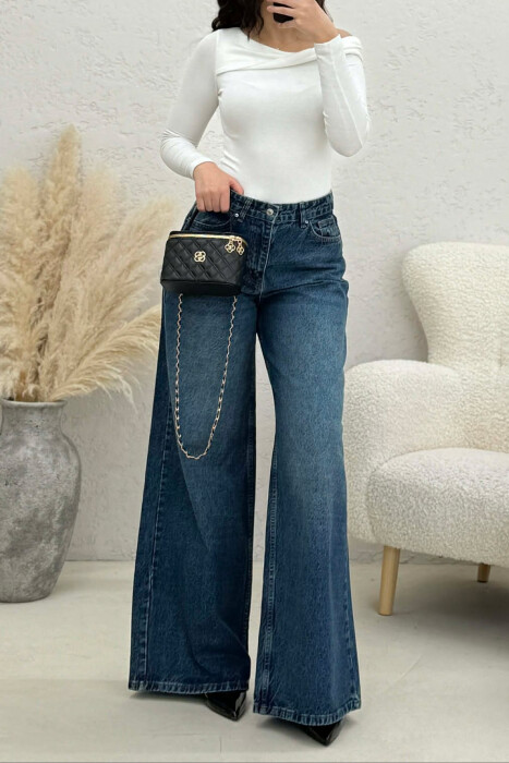 WIDE LEG SIMPLE WOMEN JEANS DARK BLUE/BEE - 9