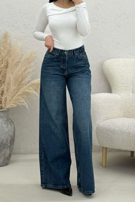 WIDE LEG SIMPLE WOMEN JEANS DARK BLUE/BEE - 11