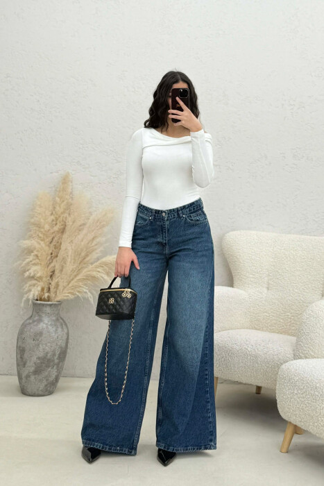 WIDE LEG SIMPLE WOMEN JEANS DARK BLUE/BEE - 2
