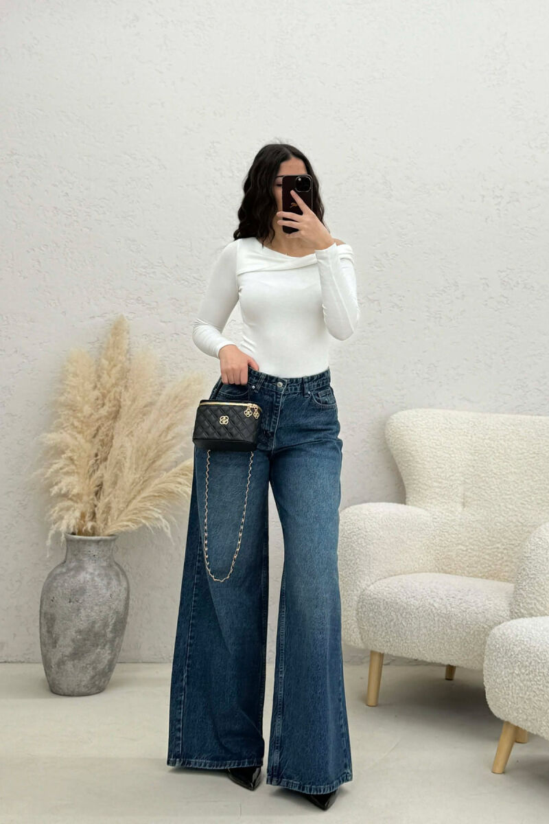 WIDE LEG SIMPLE WOMEN JEANS DARK BLUE/BEE - 10