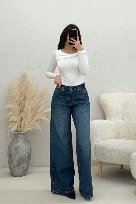 WIDE LEG SIMPLE WOMEN JEANS DARK BLUE/BEE - 12