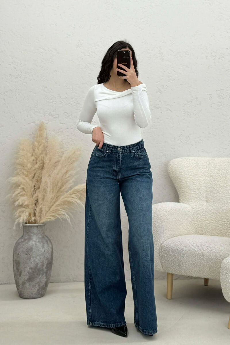 WIDE LEG SIMPLE WOMEN JEANS DARK BLUE/BEE - 12