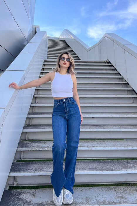 WIDE LEG SIMPLE WOMEN JEANS DARK BLUE/BEE - 5