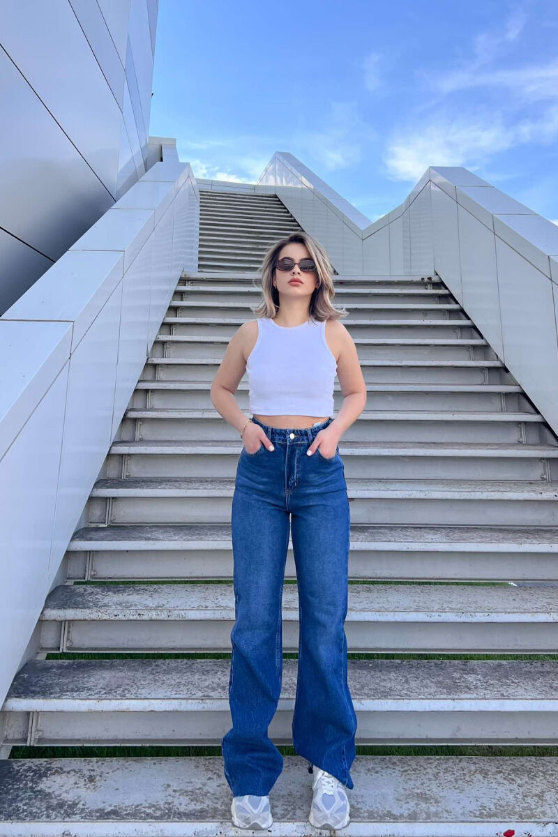 WIDE LEG SIMPLE WOMEN JEANS DARK BLUE/BEE - 6