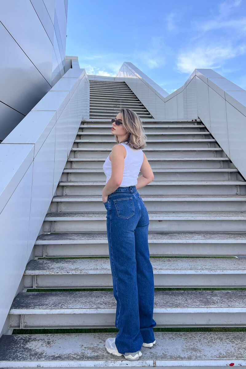 WIDE LEG SIMPLE WOMEN JEANS DARK BLUE/BEE - 8