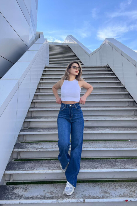 WIDE LEG SIMPLE WOMEN JEANS DARK BLUE/BEE - 7