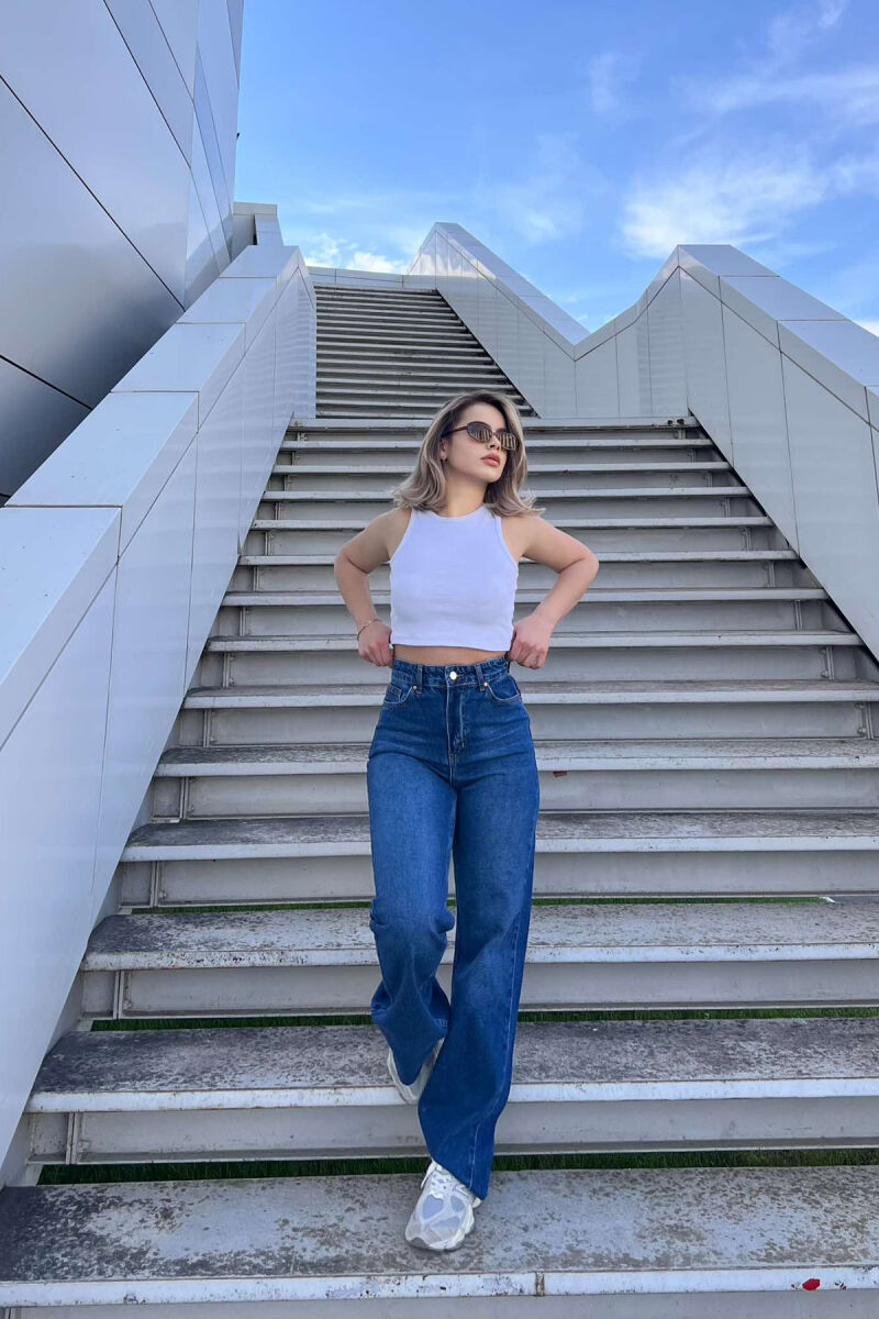 WIDE LEG SIMPLE WOMEN JEANS DARK BLUE/BEE - 7