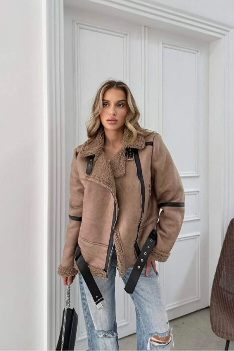 WOOL BELT WOMAN JACKET LIGHT BROWN/KAZB - 1