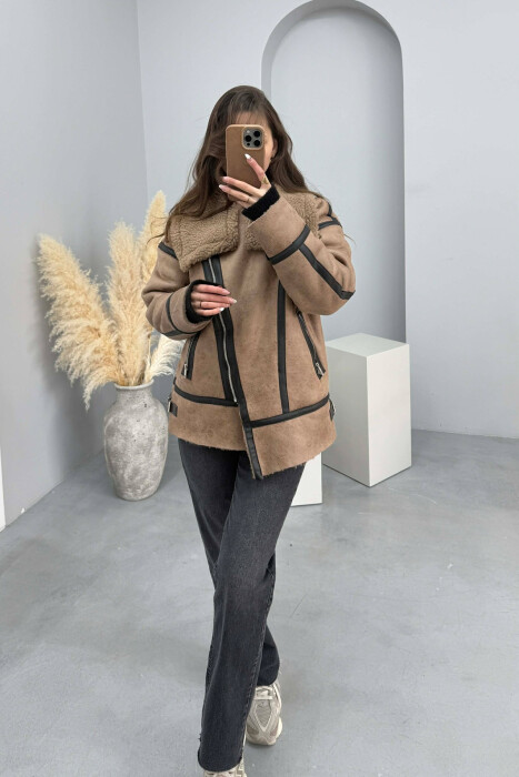 WOOL BELT WOMAN JACKET WITH ZIPPERED POCKETS LIGHT BROWN/KAZB - 2