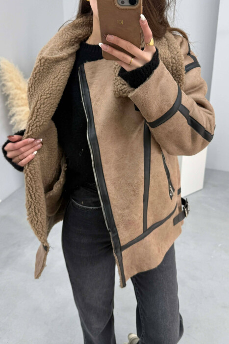 WOOL BELT WOMAN JACKET WITH ZIPPERED POCKETS LIGHT BROWN/KAZB - 4