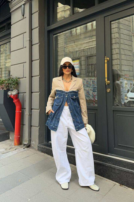 XHAKETË E THJESHTË ME DIZAJN GJYSËM XHINS PËR FEMRA NË NGJYRË BEZHË - 5