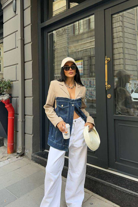 XHAKETË E THJESHTË ME DIZAJN GJYSËM XHINS PËR FEMRA NË NGJYRË BEZHË - 6