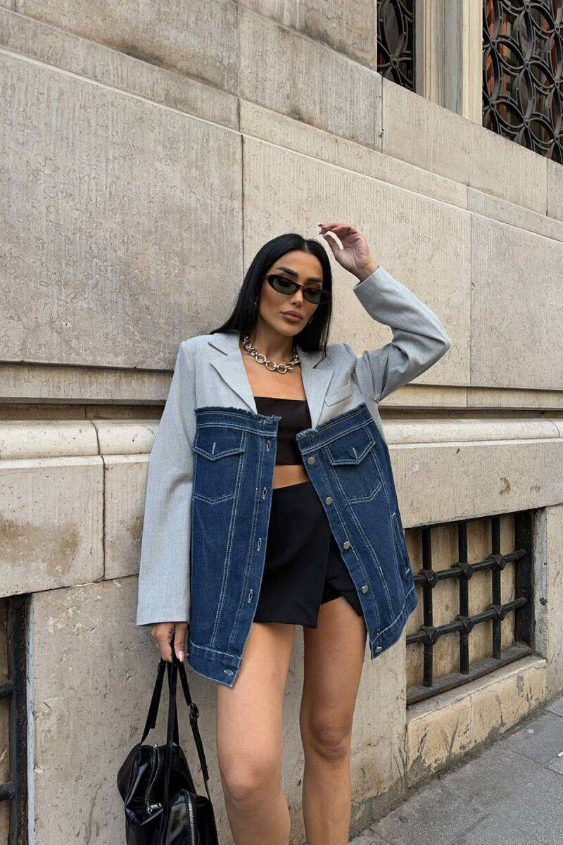 XHAKETË E THJESHTË ME DIZAJN GJYSËM XHINS PËR FEMRA NË NGJYRËN GRI - 2