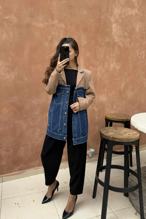 XHAKETË E THJESHTË ME DIZAJN GJYSËM XHINS PËR FEMRA NË NGJYRËN KAFE - 4