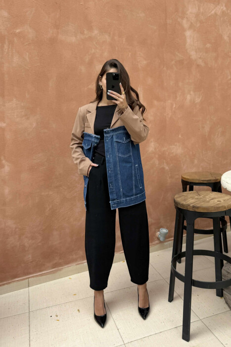 XHAKETË E THJESHTË ME DIZAJN GJYSËM XHINS PËR FEMRA NË NGJYRËN KAFE - 5