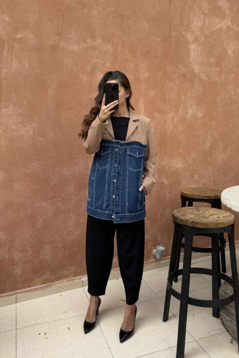 XHAKETË E THJESHTË ME DIZAJN GJYSËM XHINS PËR FEMRA NË NGJYRËN KAFE - 6