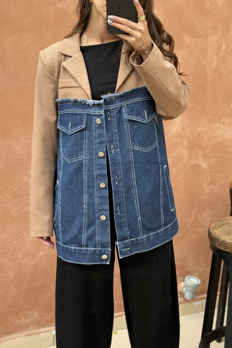 SIMPLE SEMI DENIM DESIGN WOMEN JACKET BROWN/KAFE 