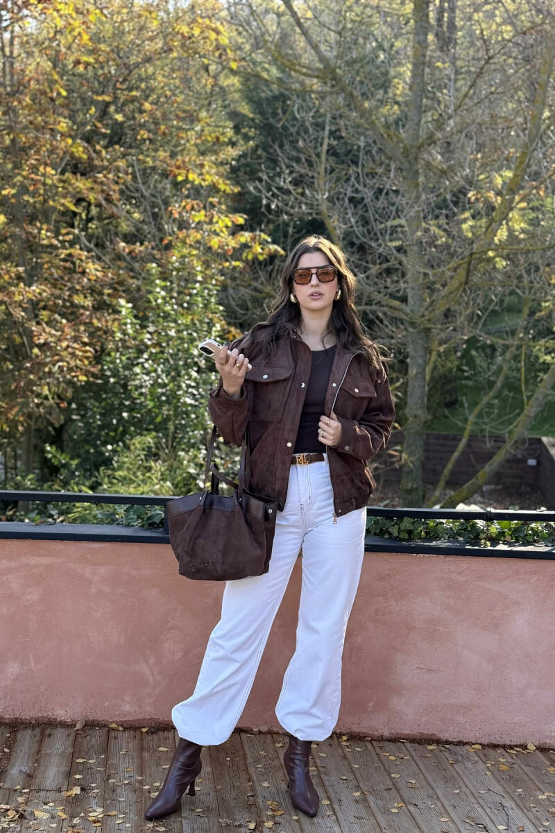 XHAKETË KAMOSH ME ZINXHIR DHE BUTONA PËR FEMRA NË NGJYRË KAFE TË ERRËT - 5