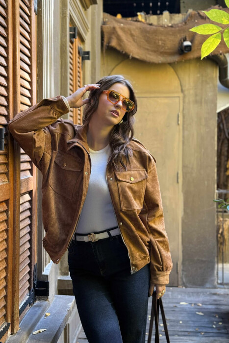 XHAKETË KAMOSH ME ZINXHIR DHE BUTONA PËR FEMRA NË NGJYRË KAFE - 4