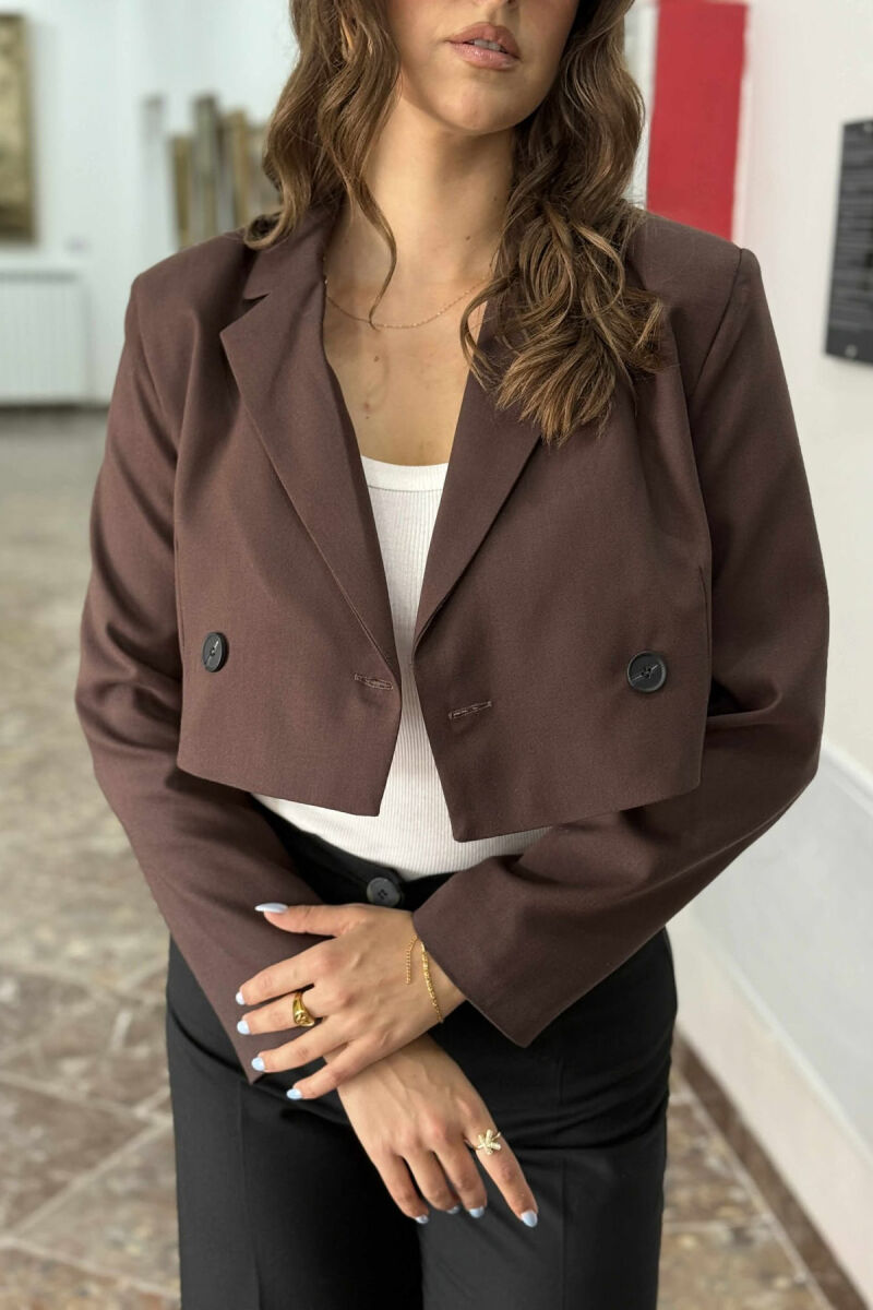 XHAKETË KLASIKE E SHKURTËR NJË NGJYRËSHE PËR FEMRA NË NGJYRËN KAFE - 6