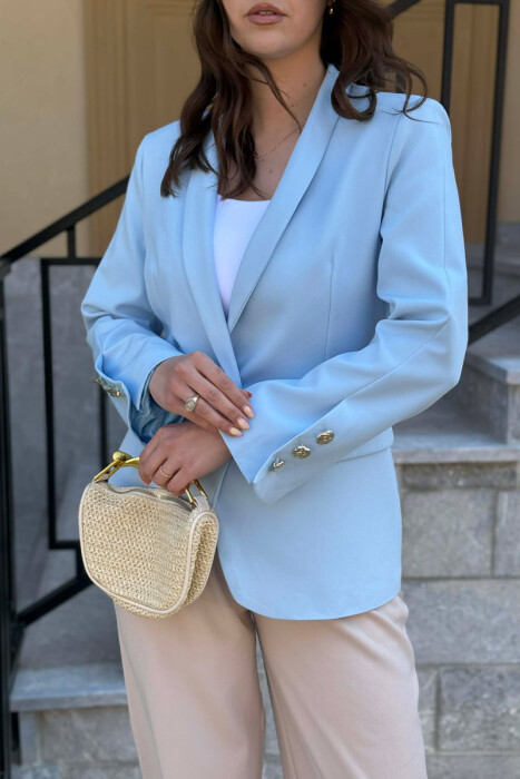 XHAKETE KLASIKE NJE NGJYRESHE ME BUTONA GOLD PER FEMRA NE NGJYRE BLU TE ZBARDHUR - 3