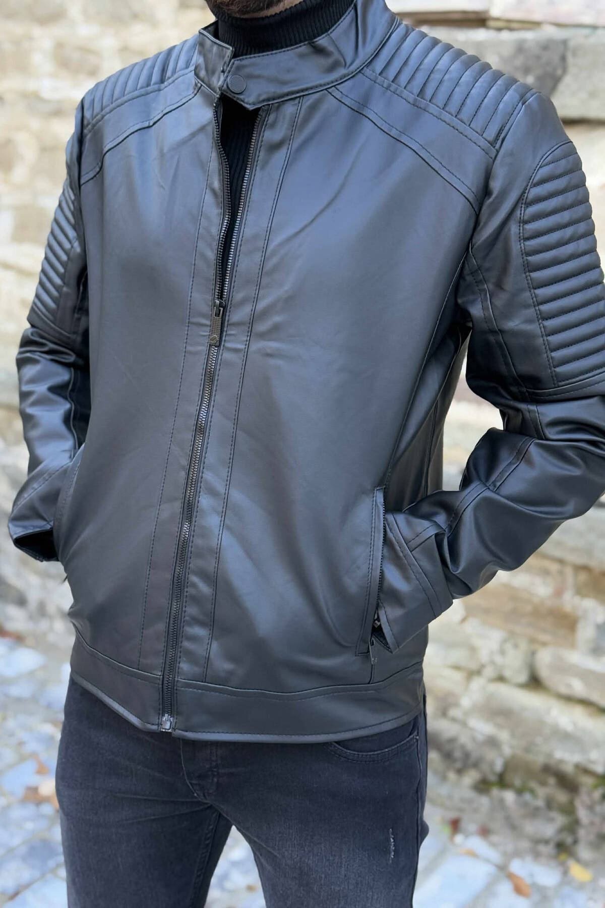 ROUND NECK FRONT ZIP LEATHER MEN JACKET WITH ZIPPER ON SLEEVES