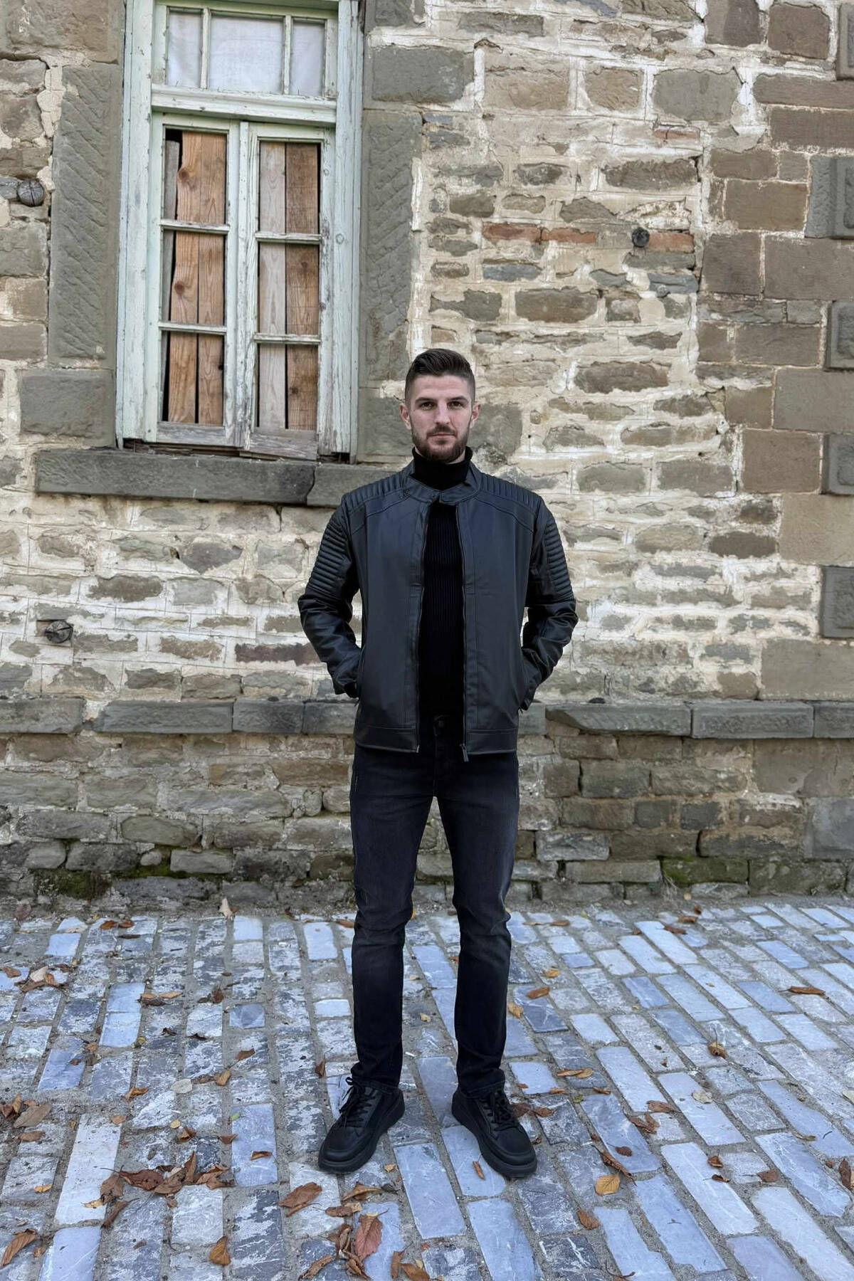 ROUND NECK FRONT ZIP LEATHER MEN JACKET WITH ZIPPER ON SLEEVES