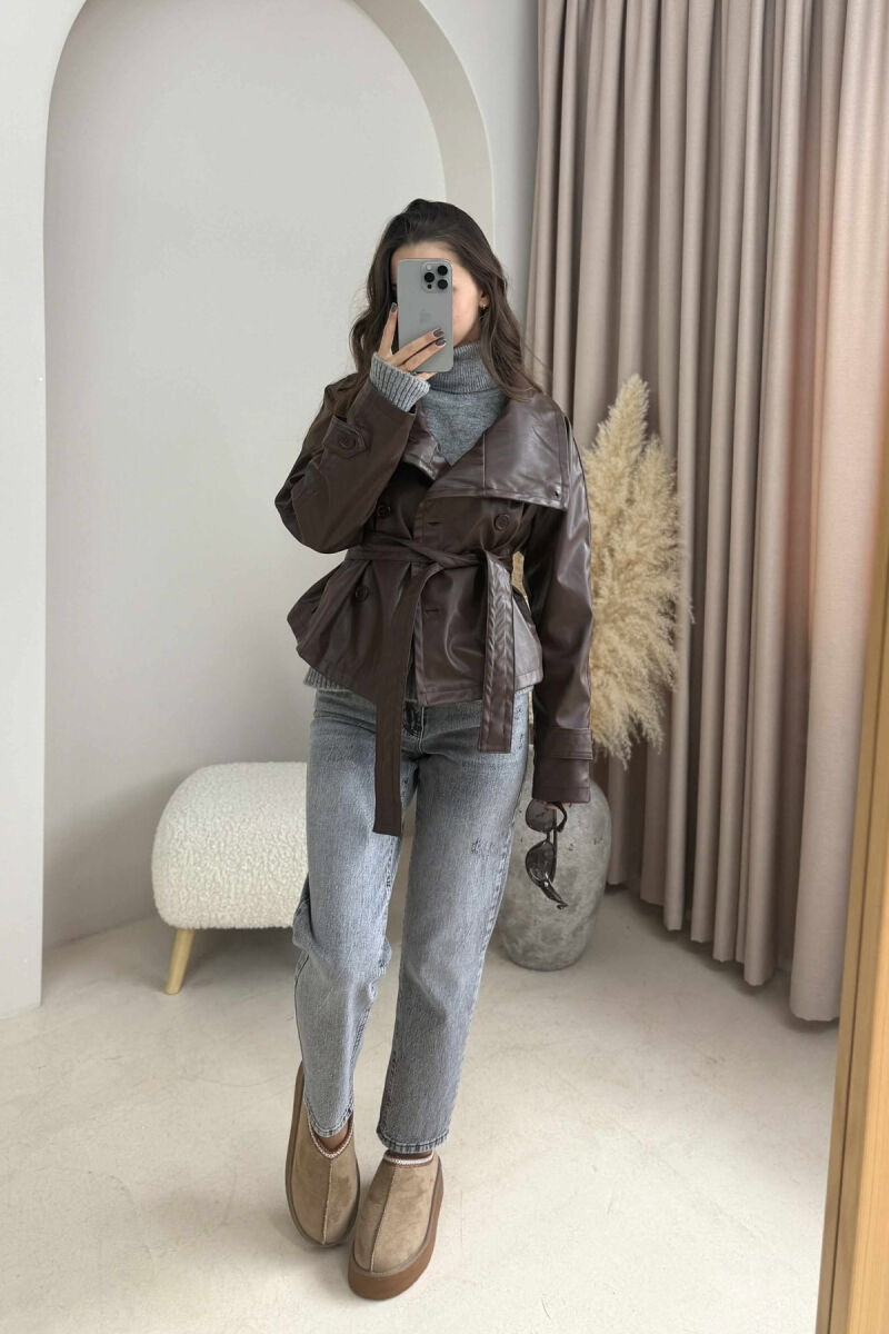  XHAKETË LËKURE NJË NGJYRËSHE ME LIDHËSE PËR FEMRA NË NGJYRË KAFE - 3