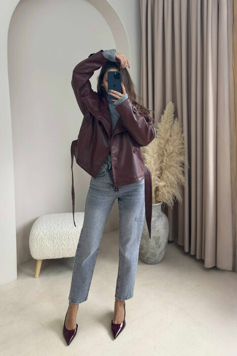 XHAKETË LËKURE NJË NGJYRËSHE ME LIDHËSE PËR FEMRA NË NGJYRËN VISHNJË - 5