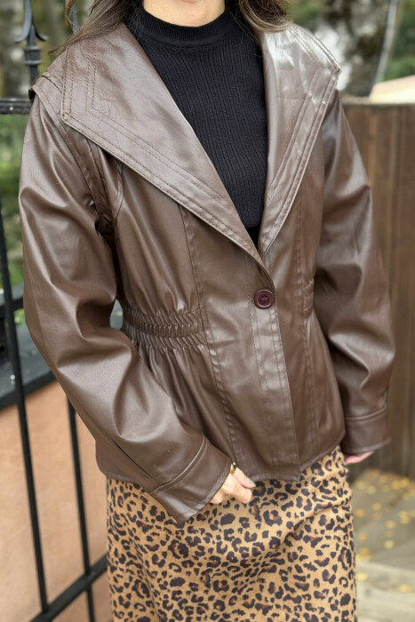 XHAKETË NJË NGJYRËSHE LËKURE ME BEL ELASTIK PËR FEMRA NË NGJYRË KAFE - 10