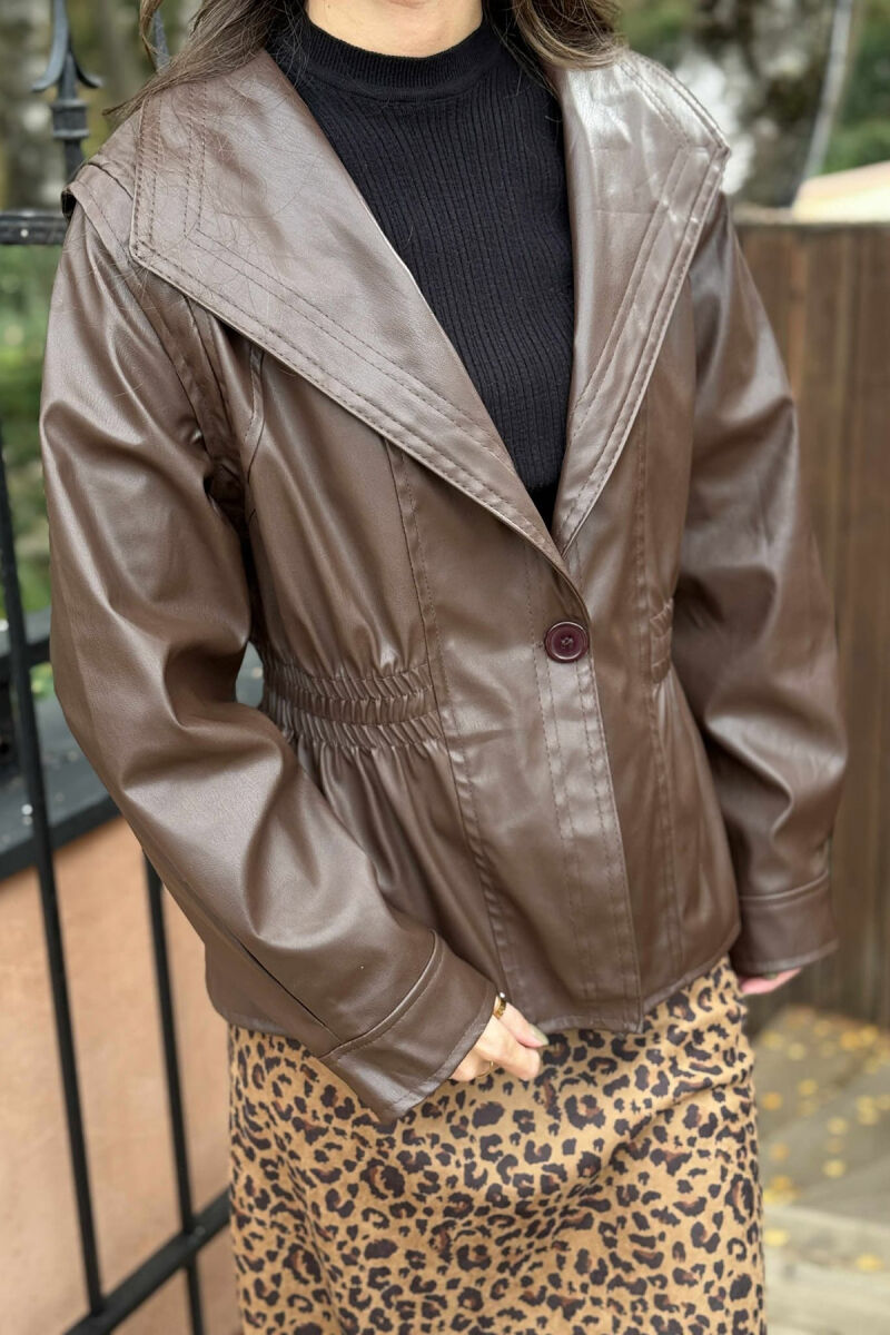 XHAKETË NJË NGJYRËSHE LËKURE ME BEL ELASTIK PËR FEMRA NË NGJYRË KAFE - 10