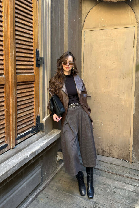 XHAKETË NJË NGJYRËSHE LËKURE ME BEL ELASTIK PËR FEMRA NË NGJYRË KAFE - 5