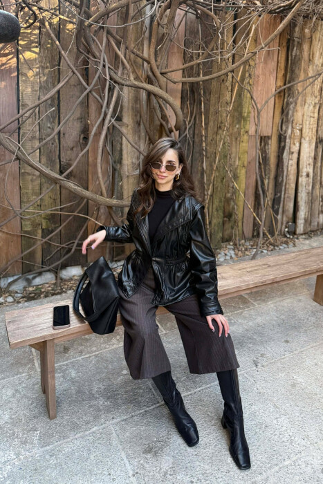 XHAKETË NJË NGJYRËSHE LËKURE ME BEL ELASTIK PËR FEMRA NË NGJYRË TË ZEZË - 6