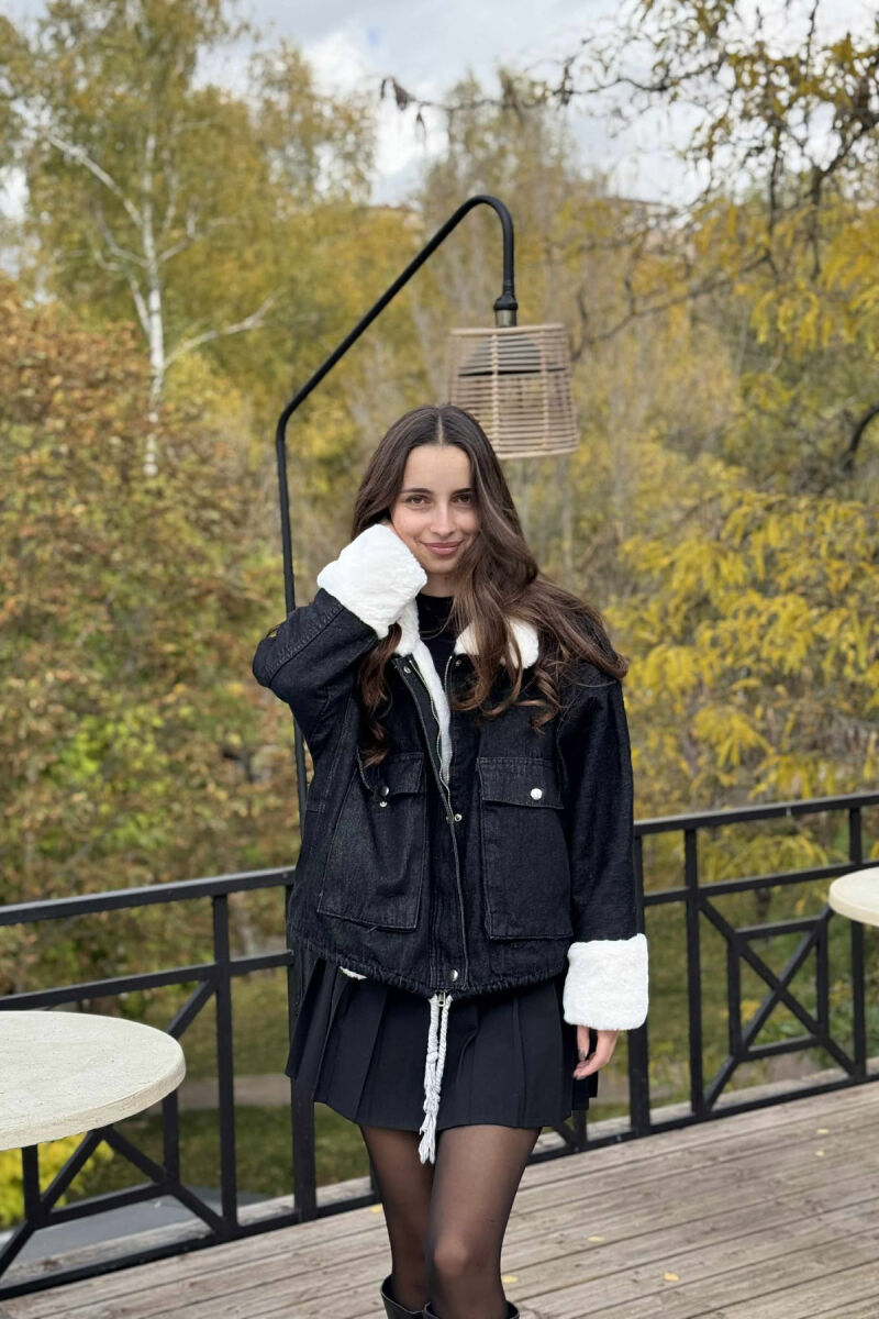 XHAKETË XHINS PËR FEMRA ME NJË PJESË PELLUSHI NË NGJYRË TË ZEZË - 3