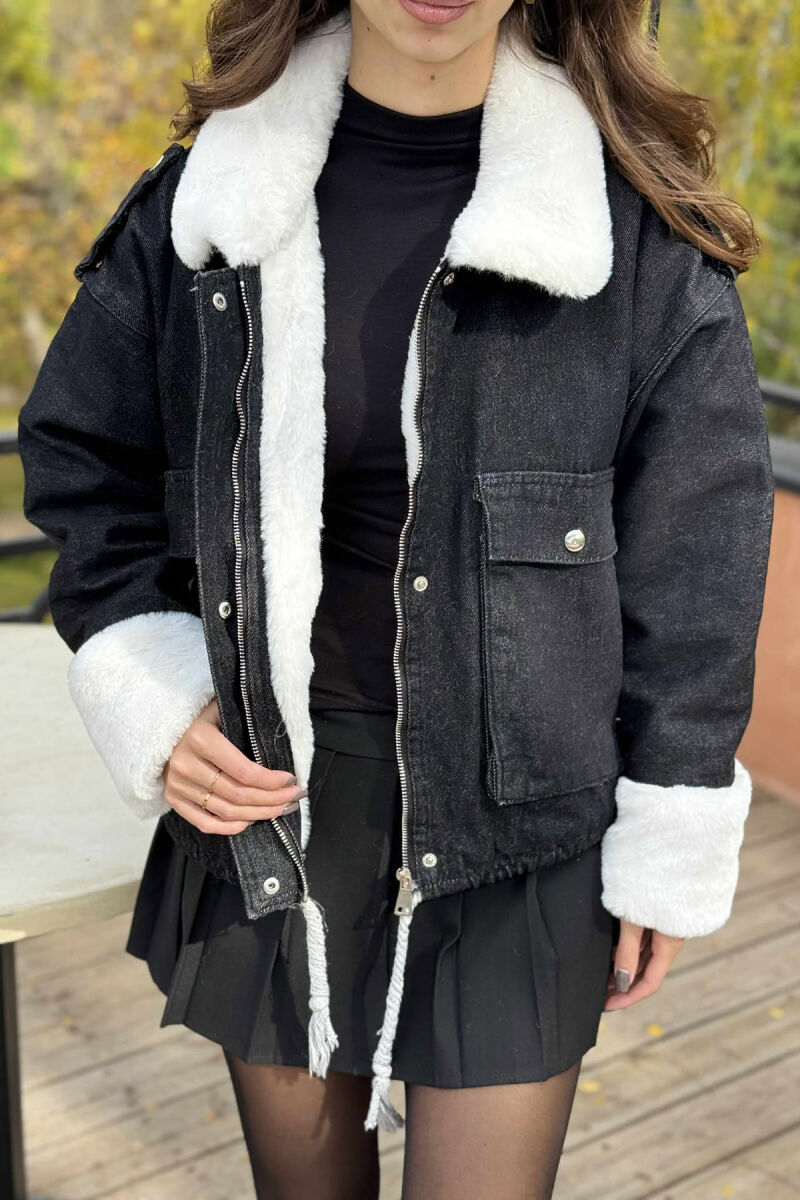 XHAKETË XHINS PËR FEMRA ME NJË PJESË PELLUSHI NË NGJYRË TË ZEZË - 5