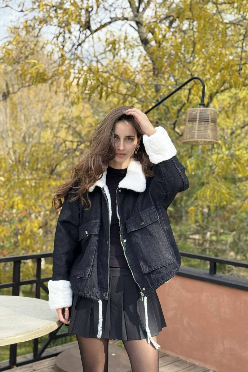 XHAKETË XHINS PËR FEMRA ME NJË PJESË PELLUSHI NË NGJYRË TË ZEZË - 6