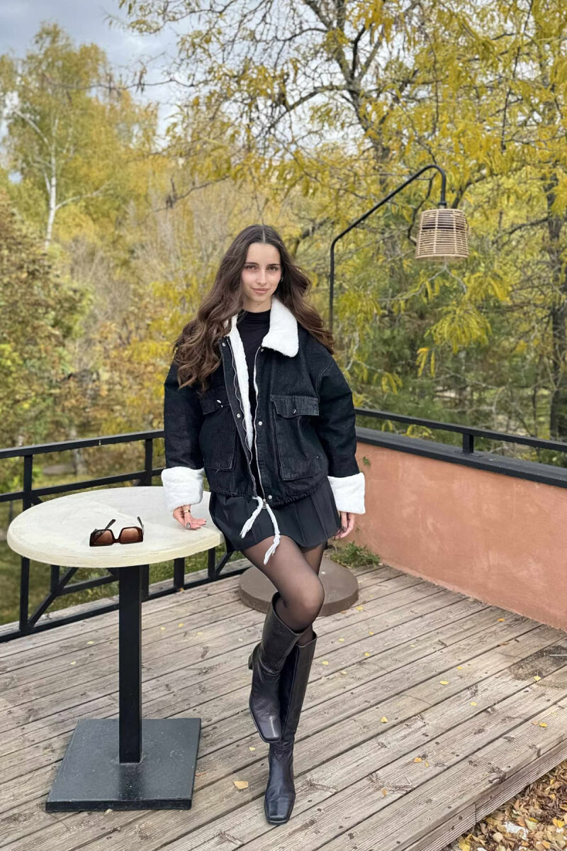 XHAKETË XHINS PËR FEMRA ME NJË PJESË PELLUSHI NË NGJYRË TË ZEZË - 7